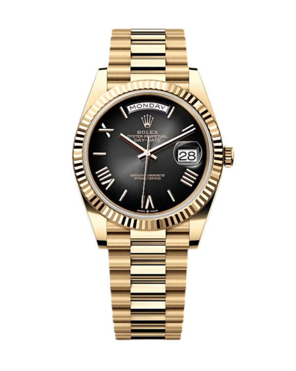 DAY DATE II 41mm - BLACK ROMAN DIAL & BEZEM, YELLOW GOLD PRESIDENT BRAZALET